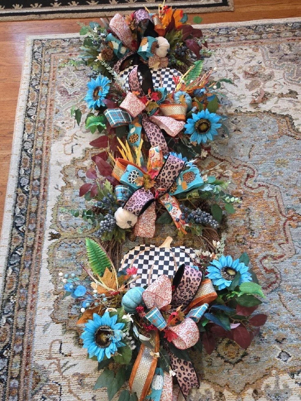 Handcrafted Blue & Teal Floral Fall Wreath with Black & White Check Pumpkin